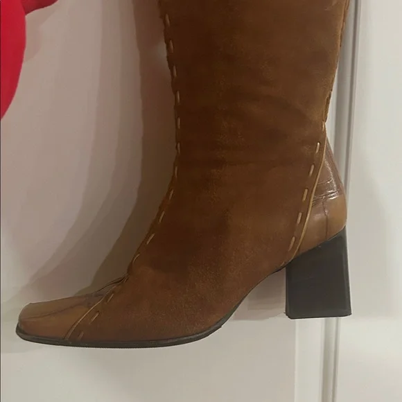 Made In Italy Camel Tan Brushed Suede and Leather High Calf Heeled Boots - Picture 12 of 14